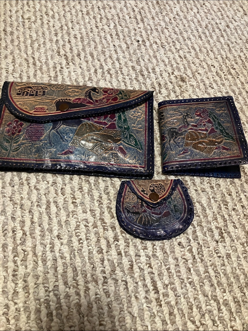 Hand-Tooled Multicolor Leather Wallet Trio - Embossed Floral Scene
